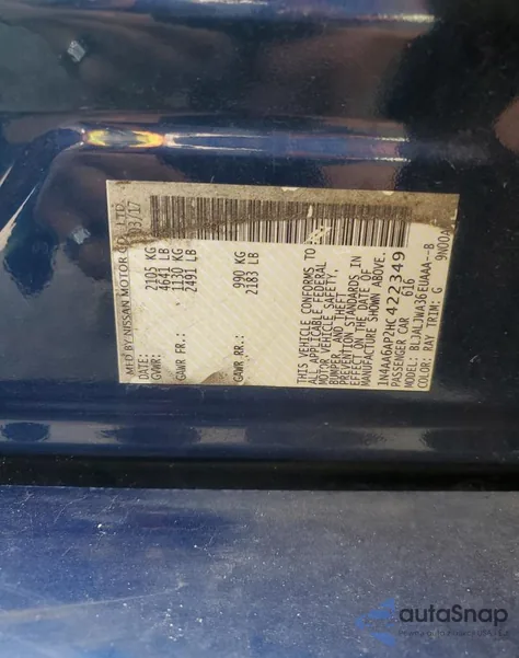 2017 Nissan Maxima 3.5S z USA, uszkodzony, nr VIN 1N4AA6AP2HC422349